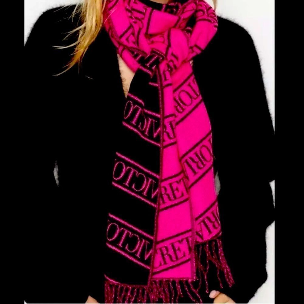 Victoria's SECRET BLACK PINK FUCHSIA WOVEN LOGO  FRINGE SCARF
